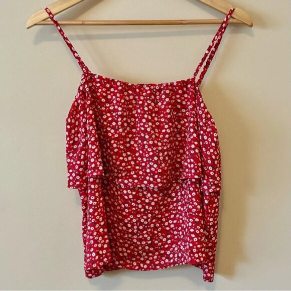Hippie Rose Red Daisy Dots Floral Spaghetti Strap Flowy Ruffle Womens Top M - Picture 1 of 5